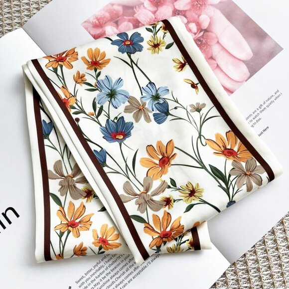 Elegant Yellow & Blue Floral Silk Head Scarf - Lightweight Neck Tie for Women - Picture 2 of 8